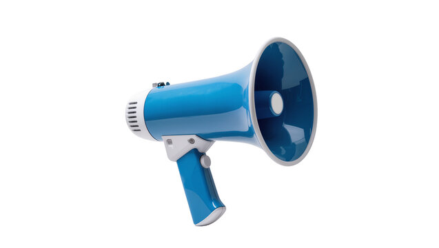 Isolated blue and white plastic megaphone or bullhorn for announcements and communication