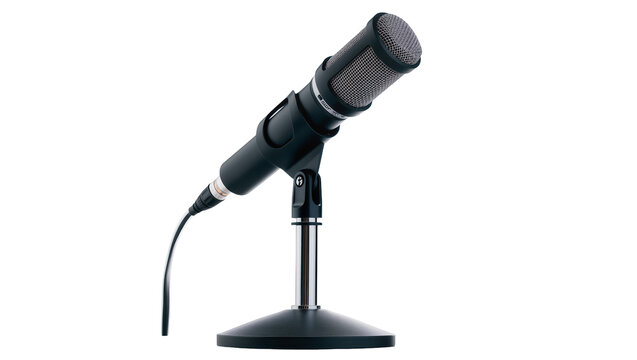 Isolated professional condenser microphone on a desk stand with an attached audio cable.