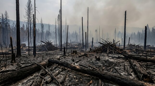 A somber view of environmental destruction a vast forest laid waste by wildfire, with blackened trees, ash-covered ground, and a smoky atmosphere