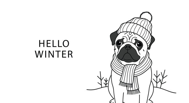Line art illustration of a cute pug wearing a knit hat and scarf with the text hello winter for seasonal greeting card designs.