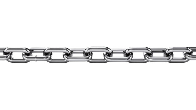 Isolated horizontal view of a shiny polished metallic silver chain with strong links