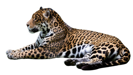 Isolated beautiful spotted jaguar resting, powerful wild big cat predator with rosettes. © Maria
