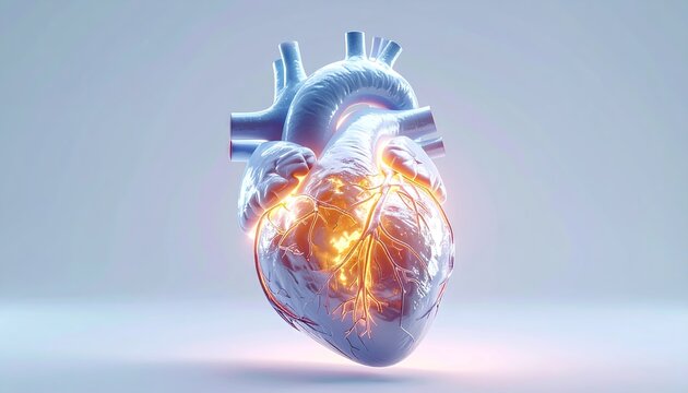 Anatomical Heart Model Glowing With Warm Orange Light Emanating From Within Against A Cool Blueish Grey Studio Background With Subtle Lighting Effects