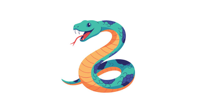 Colorful illustration of a green and blue spotted snake with an orange belly showing its fangs and tongue on white.