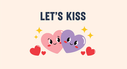 Fototapeta premium Romantic cartoon illustration of two happy heart characters with faces and the text let's kiss on a soft pastel backdrop.