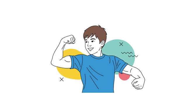 Illustration of a strong young boy flexing his bicep muscles to show health fitness and confidence with abstract background.