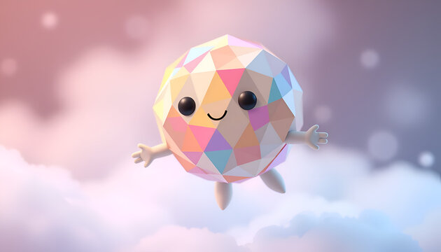 Cute Low Poly Geometric Sphere Character Floating in Pastel Clouds