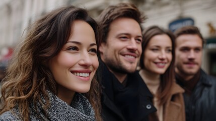Obraz premium Three friends sharing warm smiles together in an urban setting capturing a beautiful moment of friendship and joy