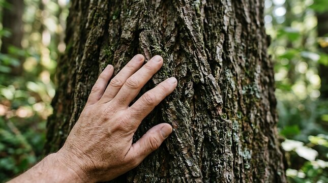 A Hand Touching a Large Tree Trunk in a Forest, Connecting with Nature