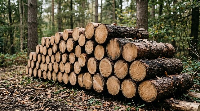 A large stack of cut logs resting in a forest, showcasing the natural resource and forestry industry
