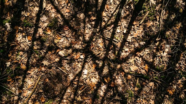 Nature's abstract art on the forest floor, a rich mosaic of fallen leaves and intertwining branches, bathed in the intricate play of light and shadow filtering through the canopy above