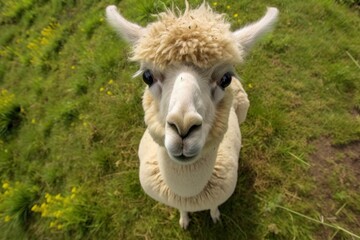 Fototapeta premium Lama looking up at camera on meadow animal livestock mammal.