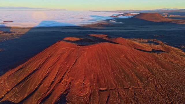 Scenic aerial perspective of volcanic cinder cones in Mojave Desert illuminated by golden sunrise light