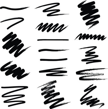 Assorted black ink brush strokes and scribbled lines with brush stroke