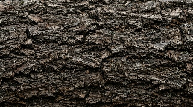 Detailed texture of dark, rough tree bark, showcasing its natural patterns and organic surface
