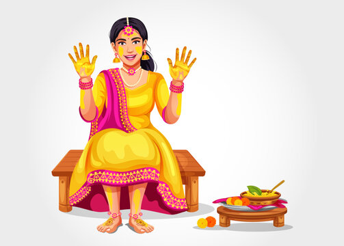 Vector of a smiling, beautiful Indian bride with beautiful mehndi designs on her hands smeared with turmeric during her ritual pre-marriage ceremony. Character for wedding haldi ceremony