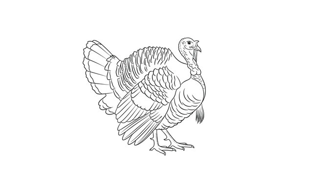 Realistic black and white line art drawing of a wild turkey bird shown in profile for harvest season or thanksgiving celebration graphics.