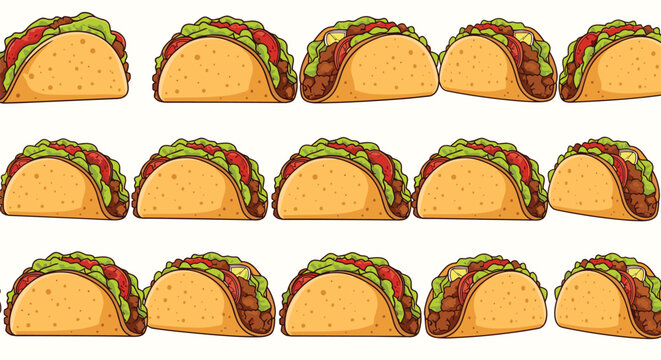 Repeating pattern of numerous delicious and colorful tacos with various fillings like meat, lettuce, and tomatoes in a fun food graphic design.