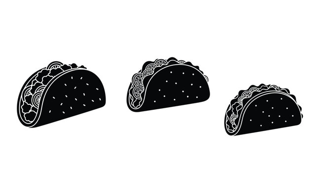 Set of three taco silhouettes representing Mexican food menu items isolated on a plain white background for restaurant branding and icons.