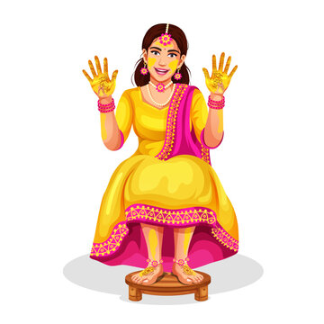 Vector of an Indian Wedding bride in colorful, glamorous traditional attire: lehenga choli. Cultural wedding ritual pre-marriage tradition