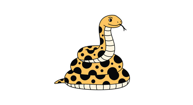 Cartoon illustration of a yellow snake with black spots coiled up and sticking its tongue out on a clean white background.
