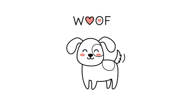 Adorable line drawing of a small puppy with a patch on its eye and the word woof with a heart above its head for pet lovers.
