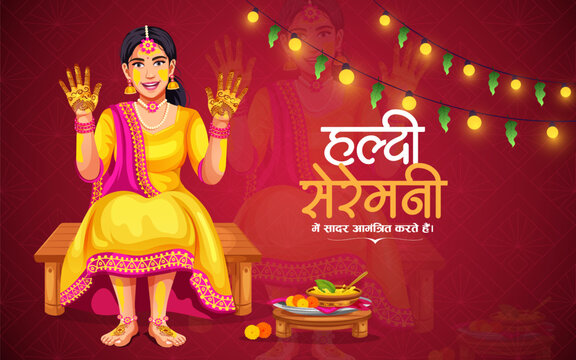 Haldi night invitation banner design for the Indian wedding ceremony. Vector of a smiling bride holding hands with beautiful henna patterns