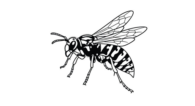 Detailed black and white illustration of a wasp or hornet showcasing its wings, segmented body, and a sharp stinger.