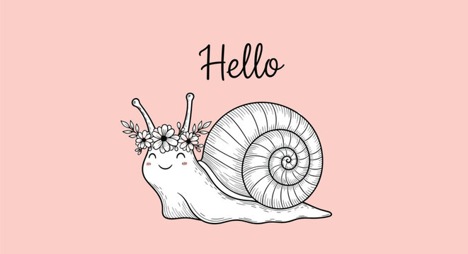 Adorable snail wearing a flower crown with the word hello written above it on a soft pink background for greeting cards.