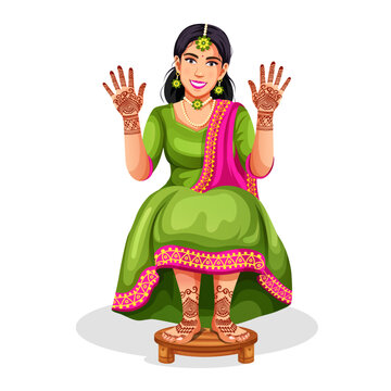 Vector of a smiling, beautiful Indian bride showing hands with henna patterns, isolated on a white background. Cultural wedding ritual, pre-marriage tradition Mehndi ceremony ethnic celebration