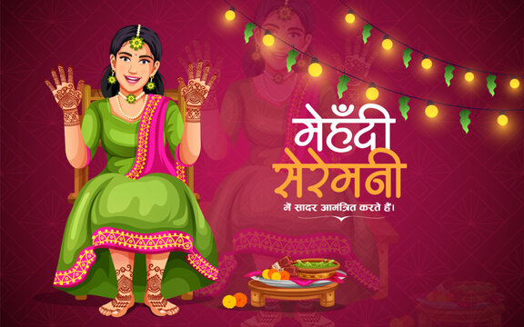 Indian Wedding bride in traditional attire during her Mehndi ceremony. Dressed in colorful, glamorous traditional outfits lehenga choli. Banner for Mehndi ceremony invitation