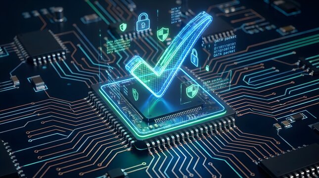 A glowing blue checkmark on a computer circuit board with various security icons and neon lights