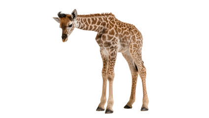 Isolated baby giraffe calf standing looking down, cute and curious with distinct spotted fur © Maria