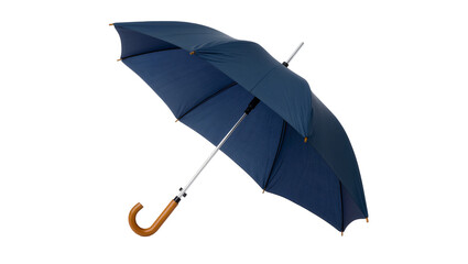 Isolated open navy blue umbrella with classic wooden handle, accessory for rainy weather. © Maria