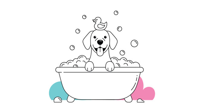 Happy dog enjoys a bubble bath in a white tub with a small yellow rubber duck perched on its head in a clean black and white illustration.
