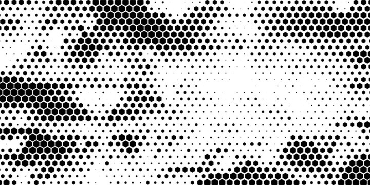 Black hexagon gradient texture. Fading honeycomb pattern background. Geometric hexagonal halftone tech overlay backdrop. Horizontal grunge halfton wallpaper. Vector retro technology dot texure