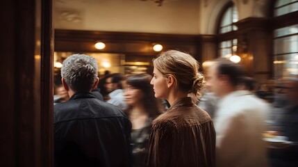 Obraz premium A candid profile view capturing a moment of conversation among people in a warmly lit elegant indoor setting