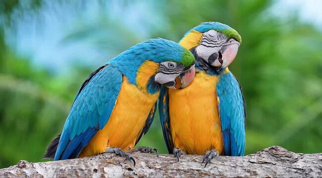 Two vibrant blue and yellow macaws perched closely together on a branch.