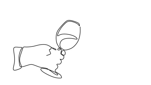 Animated self drawing of continuous line draw of  Hand cheering with glass of champagne. Full length one line animation. 4K