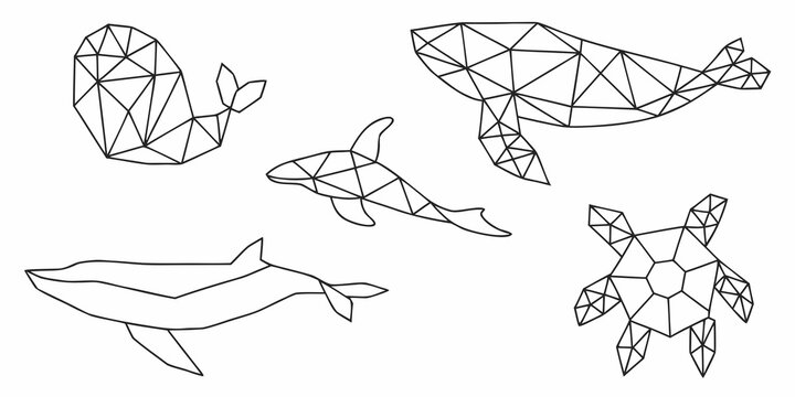 Geometric marine life whales dolphins and a turtle illustration