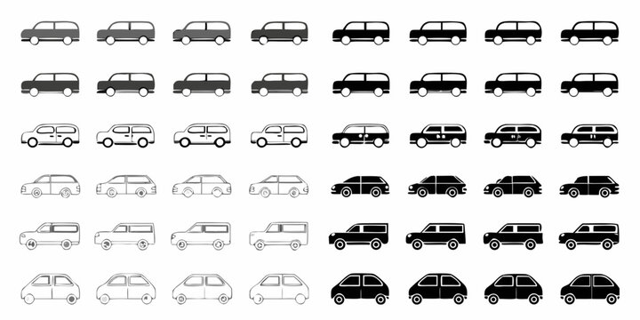 Collection of stylized black and white car icons arranged in a grid pattern