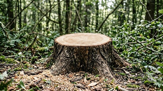 Freshly cut tree stump in a dense forest, a vivid symbol of deforestation's environmental impact and the urgent call for global conservation