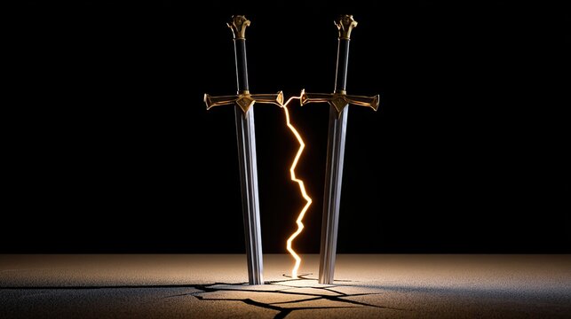 braze. Two broken sword blades joined by a gleaming golden braze on a dark background. safety posters, maintenance manuals, designed for precision metalworking and fabrication facilities.