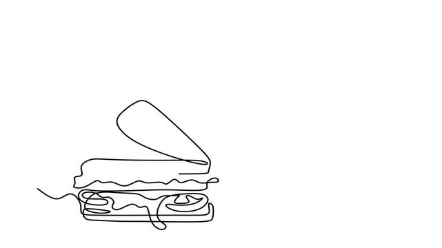 Animated self drawing of continuous line draw of  Set of fast food with tacos, sandwich, ketchup. Full length one line animation. 4K. Street food. Single line. Takeout food, junk food  