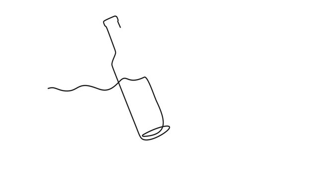 Animated self drawing of continuous line draw of  Bottle of wine with wineglass . Full length one line animation. 4K