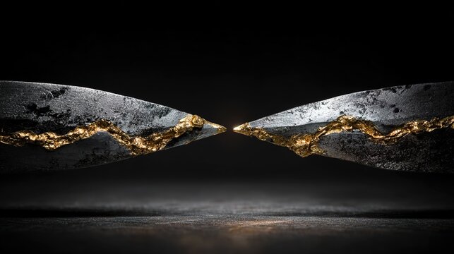 braze. Two broken sword blades joined by a gleaming golden braze on a dark background. safety posters, maintenance manuals, designed for precision metalworking and fabrication facilities.