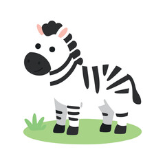 Fototapeta premium Cute cartoon zebra with black and white stripes stands on green grass