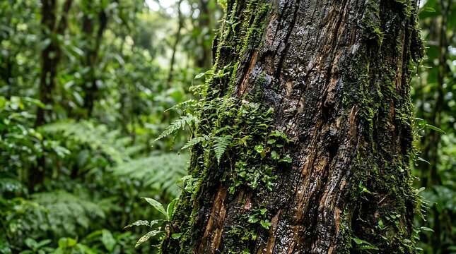 Vibrant green moss and ferns adorn a textured tree trunk in a lush tropical rainforest, revealing the intricate details and dense beauty of nature's untouched jungle