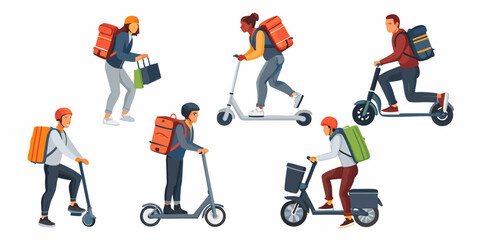 Diverse delivery workers using scooters and backpacks for food transport © Sanjoy