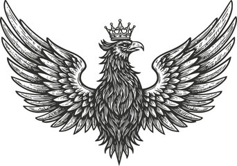 Fototapeta premium Majestic crowned eagle with spread wings detailed black and white illustration symbolizing power and royalty